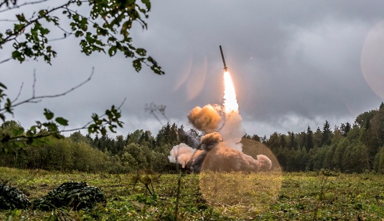 This undated file photo provided Tuesday, Sept. 19, 2017, by Russian Defense Ministry official web site shows a Russian Iskander-K missile launched during a military exercise at a training ground at the Luzhsky Range, near St. Petersburg, Russia.