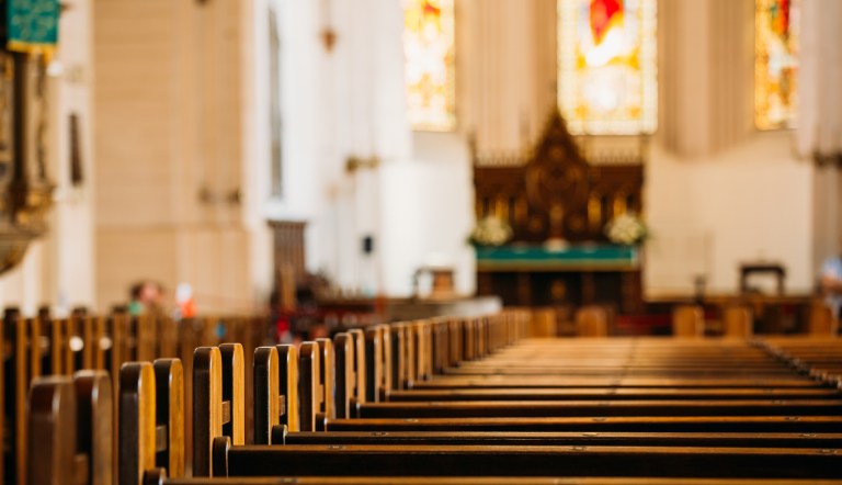 Riga, Latvia. Interior Of The Riga Dom Dome Cathedral. Church Pews.