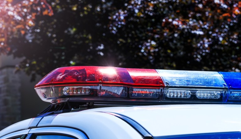 Police lights on car during traffic surveillance on the city road.