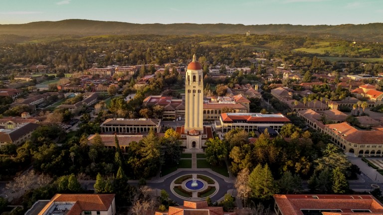 A 2019 aerial view of Stanford University in California is seen. Stanford is a private university that was founded in 1885 by Leland and Jane Stanford.