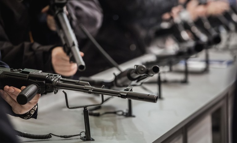 Weapons on exhibition at a gun sale.