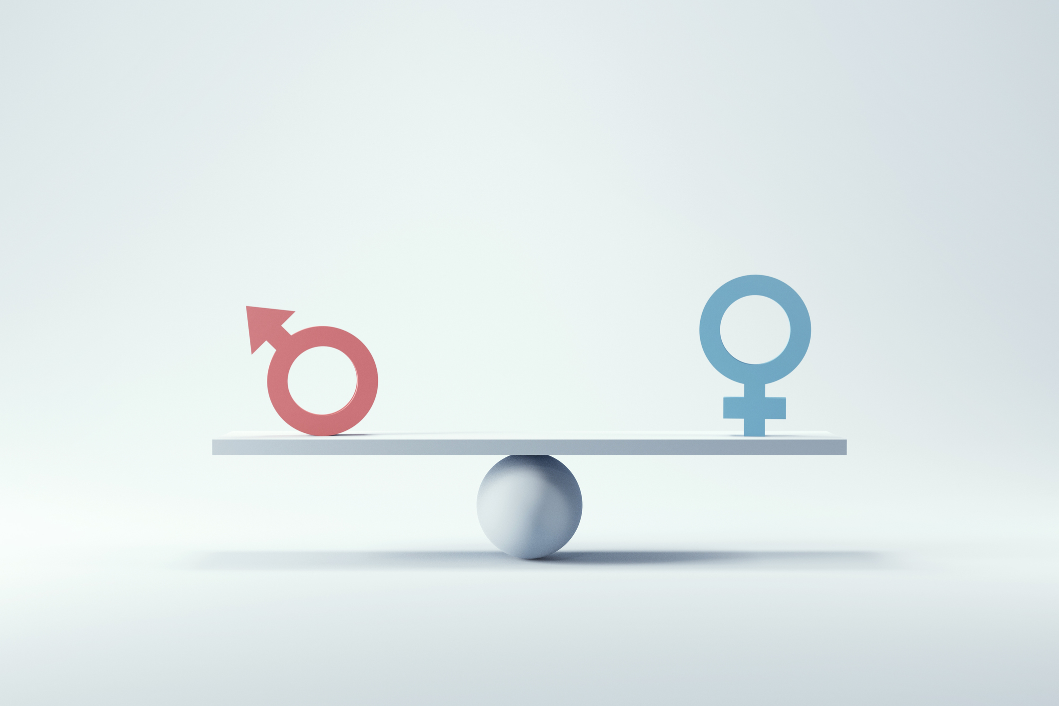 Gender equality concept. Male and female symbol on the scales with balance on blue background.