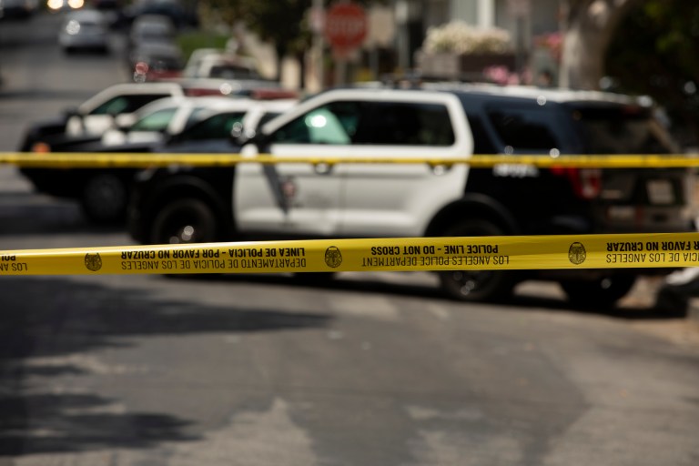 Los Angeles Police Department tape secures the scene of a crime on May 15, 2021, in Los Angeles, California.
