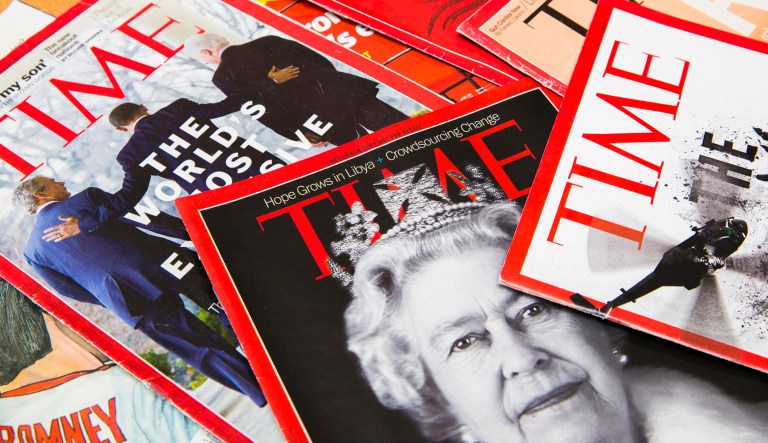 Covers of various editions of Time magazine are shown.