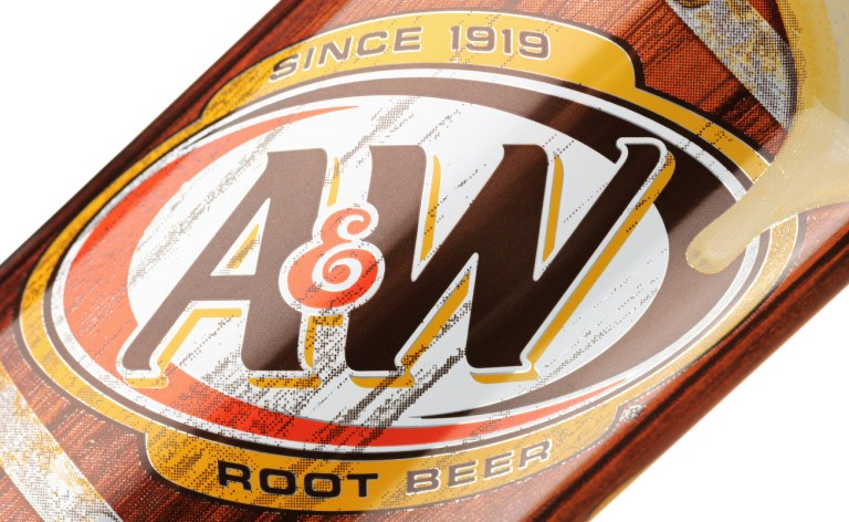 The A&W Root Beer logo from the side of a can of A&W Root Beer.