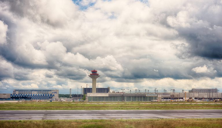 London, England, UK - June 9, 2013: The Shard, view of Heathrow Airport air traffic control tower and cargo area.