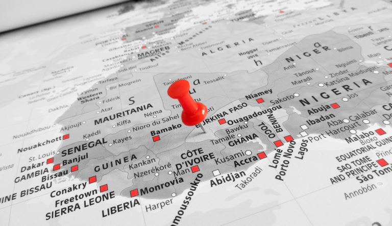 Red marker over Burkina Faso.