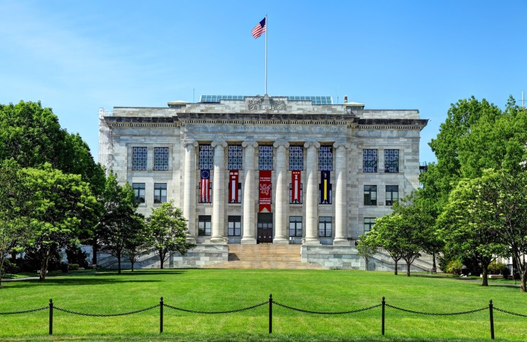 This photo shows the Harvard Medical School quadrangle situated in the Longwood Medical Area in Cambridge, Mass.