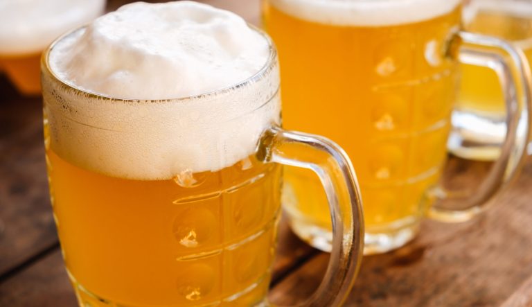 Close-up of two cold, German beers.