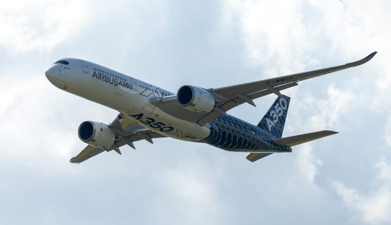 Berlin/Germany - April 28, 2018: Airbus A350 XWB plane flies at airport Berlin / Schoenefeld.