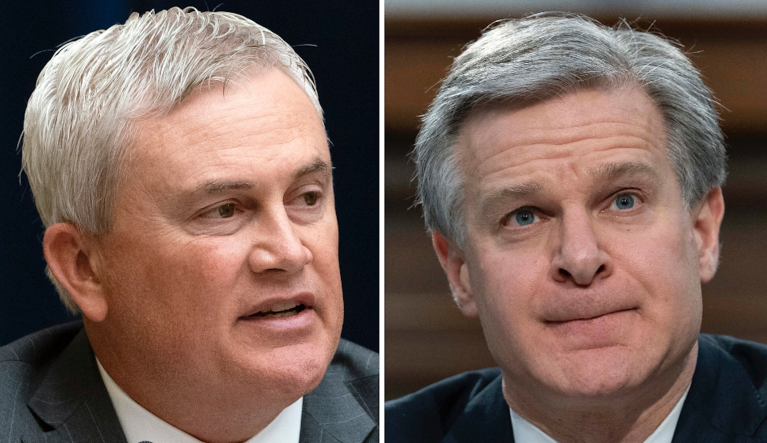 Rep. James Comer (R-KY), left, and FBI Director Christopher Wray.