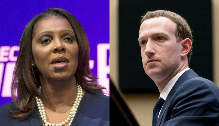 New York Attorney General Letitia James and Facebook CEO Mark Zuckerberg are pictured.