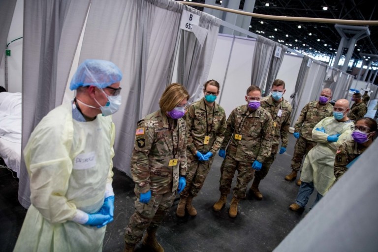 Army Lt. Gen. Laura Richardson, commanding general of U.S. Army North, views the patient area of the intensive care unit at Javits New York Medical Station, April 12, 2020. The appearance of U.S. Department of Defense (DoD) visual information does not imply or constitute DoD endorsement.