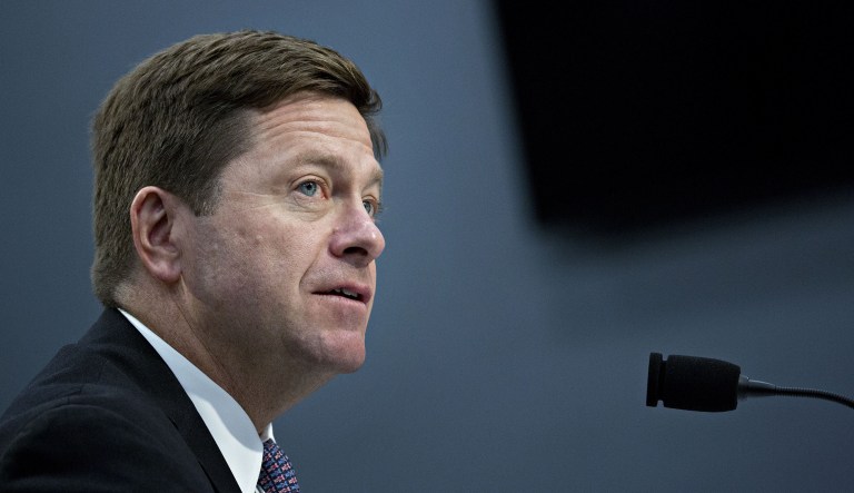 Jay Clayton, chairman of the U.S. Securities and Exchange Commission (SEC), speaks during a House Appropriations Subcommittee hearing in Washington D.C., U.S., on Thursday, April 26, 2018. The SEC last week proposed overhauling its conflict-of-interest rules for brokers, a move likely ensuring that Wall Street won't have to comply with much tougher regulations approved at the end of Barack Obamas presidency.