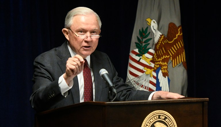 Attorney General Jeff Sessions delivers remarks on efforts to combat violent crime in America during an appearance at the United States Attorney's Office for the Middle District of Georgia on Thursday August 9, 2018, in Macon, Ga.
