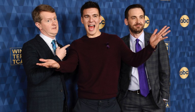 "Jeopardy" champions, from left, Ken Jennings, James Holzhauer and Brad Rutter, cast members in the ABC television series "Jeopardy! The Greatest of All Time," pose together at the 2020 ABC Television Critics Association Winter Press Tour, Wednesday, Jan. 8, 2020, in Pasadena, Calif. 