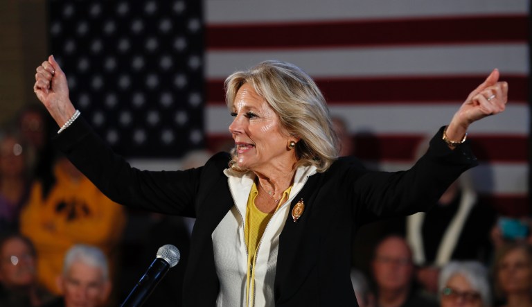 Jill Biden speaks after her husband Democratic presidential candidate former Vice President Joe Biden during a bus tour stop, Tuesday, Dec. 3, 2019, in Mason City, Iowa.
