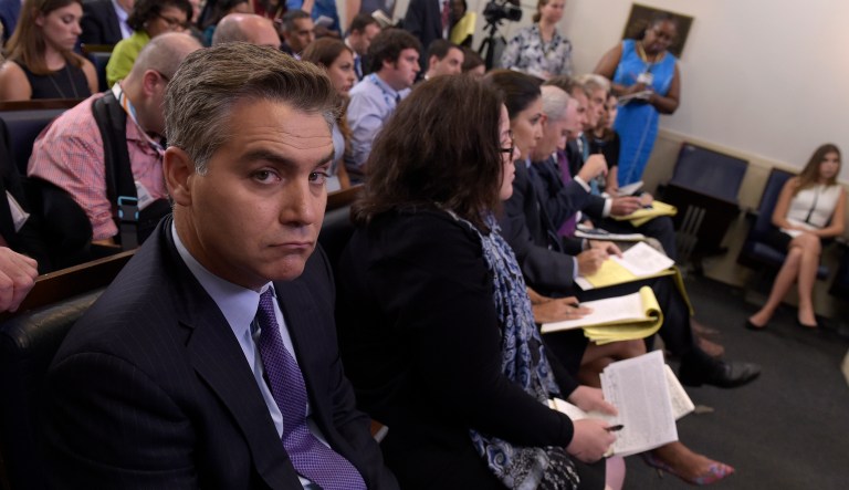 Jim Acosta of CNN listens during the daily briefing at the White House in Washington, Wednesday, Aug. 2, 2017.