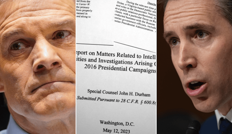 Rep. Jim Jordan (R-OH) (left) and Sen. Josh Hawley (R-MO) call for FBI reform following the release of special counsel John Durham's report on the FBI's investigation into former President Donald Trump's alleged links to Russia.