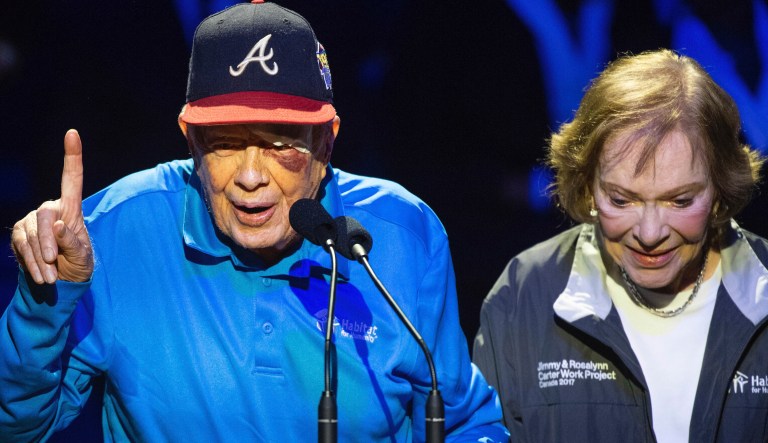 Former President Jimmy Carter speaks next to his wife and former first lady Rosalynn Carter during the Habitat for Humanity Jimmy and Rosalynn Carter Work Project opening ceremony at the Ryman Auditorium, Sunday, Oct. 6, 2019, in Nashville, Tenn. Carter had a black eye and stitches after falling at his Georgia home on Sunday, but made it to the evening program in Nashville.