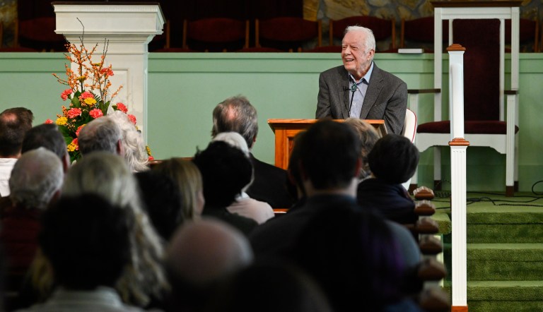 Former U.S. President Jimmy Carter teaches Sunday school at Maranatha Baptist Church, Sunday, Nov. 3, 2019, in Plains, Ga.
