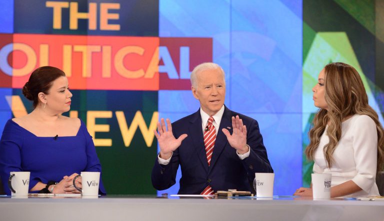 This image released by ABC shows Democratic presidential candidate Joe Biden, center, with co-hosts, Ana Navarro, left, and Sunny Hostin during an appearance on "The View," Friday, April 26, 2019. 
