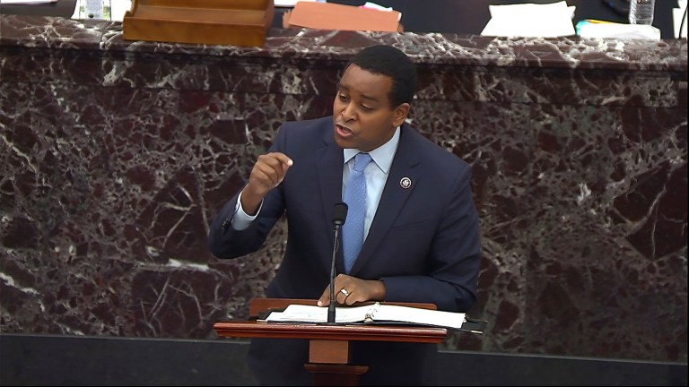 In this image from video, House impeachment manager Rep. Joe Neguse speaks during the second impeachment trial of former President Donald Trump.