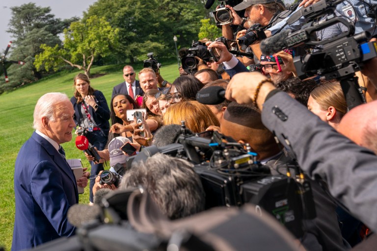 President Joe Biden speaks with members of the media before boarding Marine One on the South Lawn of the White House in Washington on Wednesday, June 28, 2023, for a short trip to Andrews Air Force Base, Maryland, and then on to Chicago.