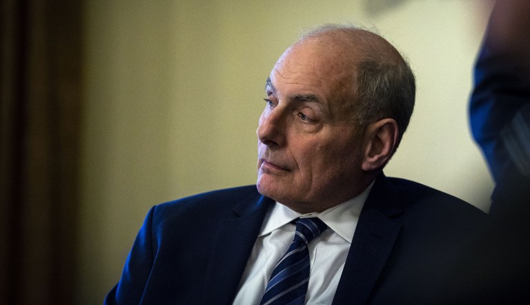 John Kelly, White House chief of staff, listens as U.S. President Donald Trump, not pictured, speaks during a meeting with senior military leadership in the Cabinet Room of the White House in Washington, D.C., U.S., on Monday, April 9, 2018. Trump said he'll decide within two days on U.S. retaliation against Syria for a suspected chemical weapons attack by President Bashar al-Assad's regime over the weekend, and suggested Russian President Vladimir Putin may share responsibility.