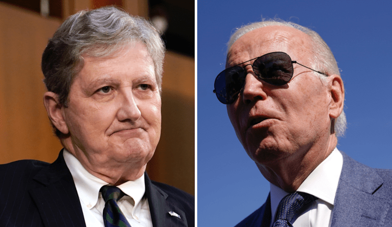 Sen. John Kennedy (R-LA), left, and President Joe Biden.