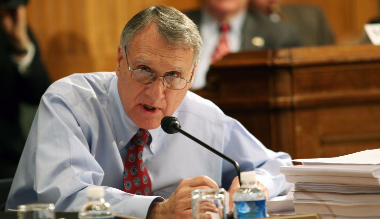 Senator Jon Kyl, R-Ariz., questions Senator Richard Durbin, D-Ill., about a proposed amendment to the immigration bill in Washington, D.C, Monday, March 27, 2006.