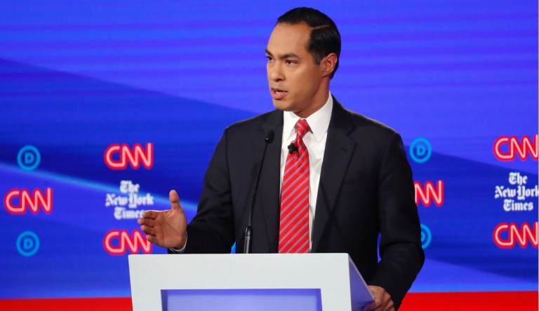 Democratic presidential candidate former Housing Secretary Julian Castro speaks in a Democratic presidential primary debate hosted by CNN/New York Times at Otterbein University, Tuesday, Oct. 15, 2019, in Westerville, Ohio. 
