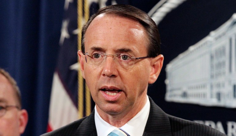 Deputy Attorney General Rod Rosenstein speaks during a news conference on July 11, 2018, at the Department of Justice in Washington.