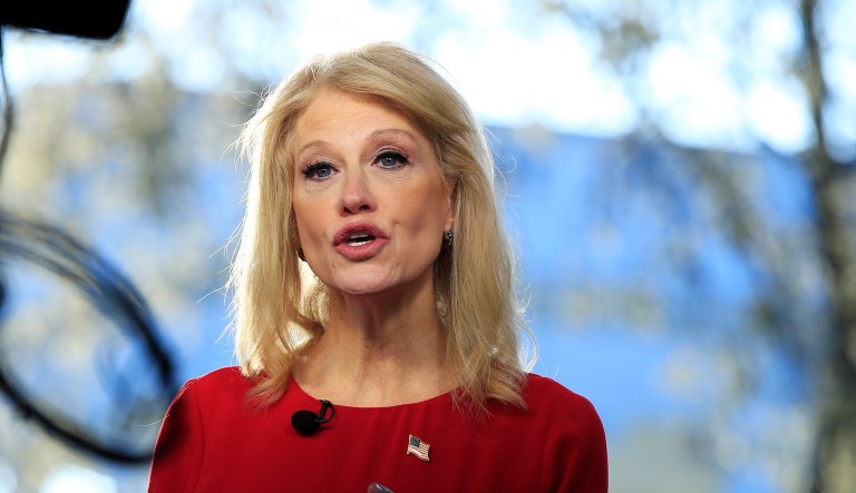 Counselor to the President Kellyanne Conway is interviewed on television outside the West Wing of the White House in Washington, Monday, March 25, 2019.