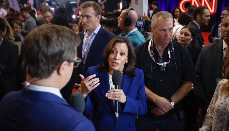 Democratic presidential candidate Sen. Kamala Harris, D-Calif., speaks to reporters in the spin room following a Democratic presidential primary debate hosted by CNN/New York Times at Otterbein University, Tuesday, Oct. 15th, 2019, in Westerville, Ohio.