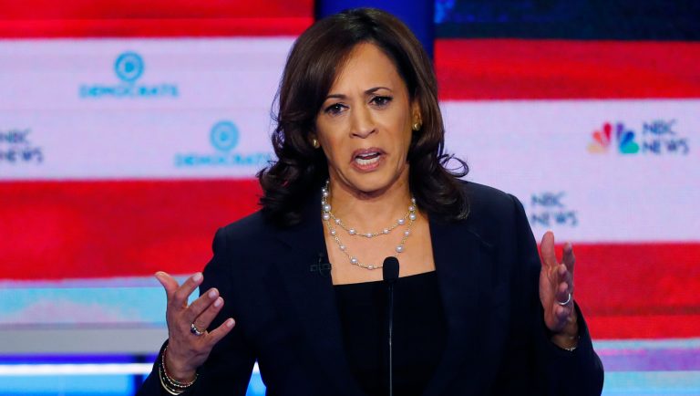 Democratic presidential candidate Sen. Kamala Harris, D-Calif., speaks during the Democratic primary debate hosted by NBC News at the Adrienne Arsht Center for the Performing Art, Thursday, June 27, 2019, in Miami. 