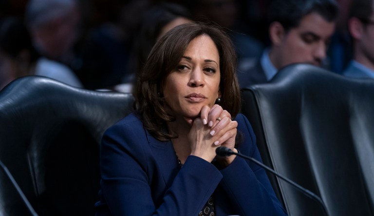 Senate Judiciary Committee member Sen. Kamala Harris, D-Calif., listens as senators make their arguments on advancing the nomination of Bill Barr to be attorney general, on Capitol Hill in Washington, Thursday, Feb. 7, 2019.