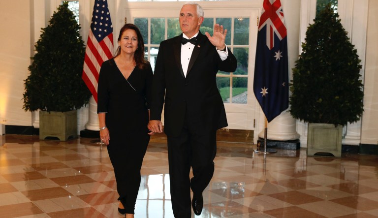 Vice President Mike Pence, right, and wife Karen Pence arrive for a State Dinner with Australian Prime Minister Scott Morrison and President Donald Trump at the White House, Friday, Sept. 20, 2019, in Washington. 