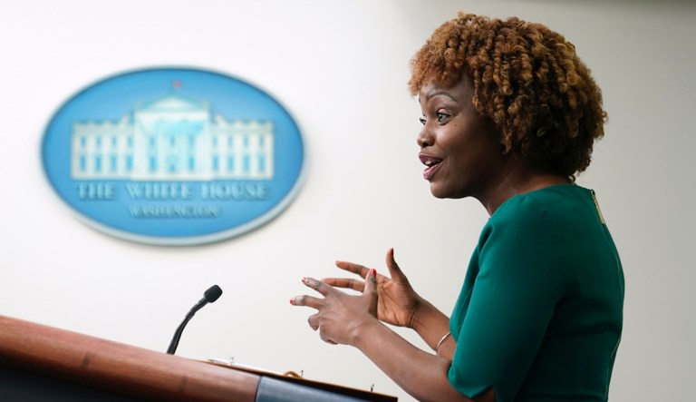 White House press secretary Karine Jean-Pierre speaks during a press briefing at the White House, Thursday, April 6, 2023, in Washington.