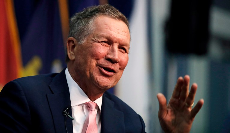 Ohio Gov. John Kasich, a former 2016 Republican Presidential hopeful, smiles as he addresses a gathering during a visit to New England College in Henniker, N.H., Tuesday, April 3, 2018. Kasich restored Ohio's membership in the National Governors Association as he seeks to shore up credibility for bipartisan deal-making that could bolster a 2020 bid for president.