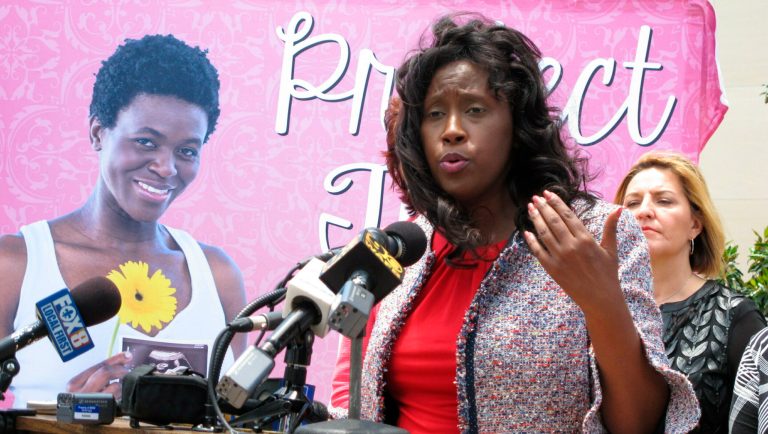 Rep. Katrina Jackson, D-Monroe, talks to reporters about her bill asking voters to add language into the state constitution declaring that it doesn't protect abortion rights, on Tuesday, May 21, 2019, in Baton Rouge, La. The bill is nearing final legislative passage. 