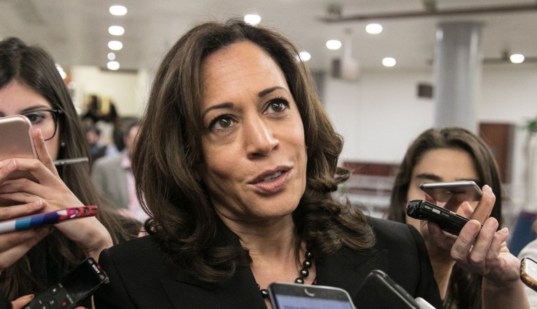 Sen. Kamala Harris, D-Calif., takes questions from reporters on Capitol Hill.