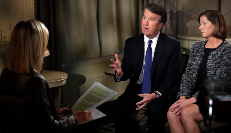 Brett Kavanaugh and his wife Ashley Kavanaugh answer questions during a Fox News interview with Martha MacCallum, Monday, Sept. 24, 2018, in Washington, about allegations of sexual misconduct against the Supreme Court nominee.