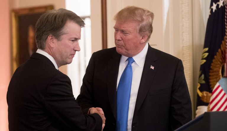 U.S. President Donald Trump, right, shakes hands with Brett Kavanaugh, appeals court judge, after being nominated as an associate justice of the U.S. Supreme Court by Trump during a ceremony in the East Room of the White House in Washington, D.C., U.S., on Monday, July 9, 2018. TrumpÂ said he would nominate Kavanaugh for a seat on the U.S. Supreme Court, a choice that could create the most conservative court in generations and threaten landmark rulings including the Roe v. Wade abortion-rights decision.