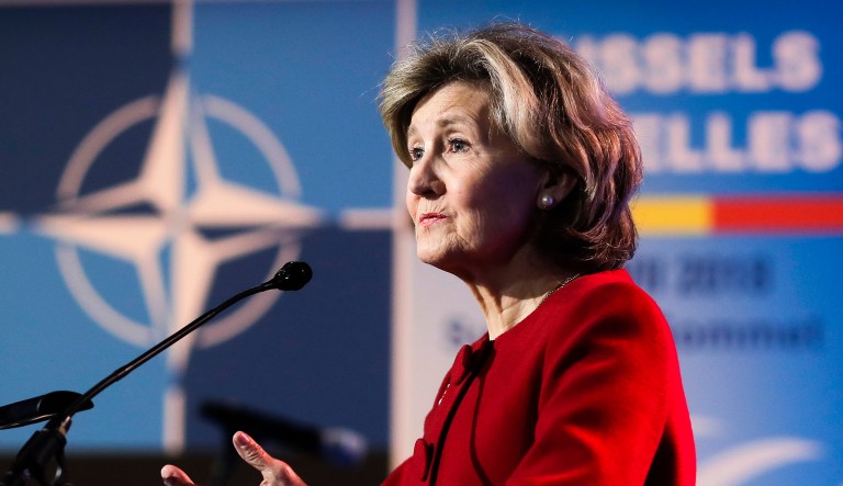 US Ambassador to NATO Kay Bailey Hutchison speaks during a media conference at NATO headquarters on the eve of a summit of the NATO heads of state and government in Brussels on Tuesday, July 10, 2018. NATO leaders to discuss Russia, Iraq and their mission in Afghanistan.