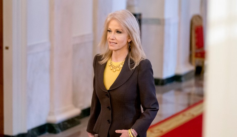 Counselor to the President Kellyanne Conway arrives for a ceremony in the East Room of the White House in Washington, Monday, March 12, 2018, where President Donald Trump honored the World Series Champion Houston Astros for their 2017 World Series victory.