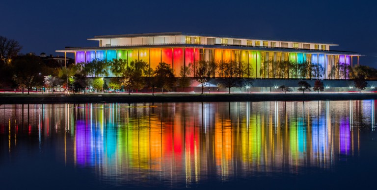The Kennedy Center lit in rainbow colors ahead of the Kennedy Centers Honors.