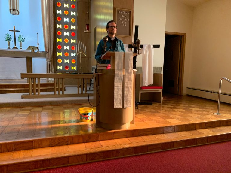 The Rev. Jonathan Barker at Kenosha's Grace Lutheran Church. Barker was arrested after staging at sit-in protesting the return of Officer Rusten Sheskey to the Kenosha Police Department. Sheskey, who is white, shot Jacob Blake Jr., a black man, seven times in the back.  