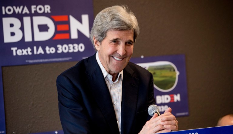 Former Secretary of State John Kerry smiles while speaking at a campaign stop to support Democratic presidential candidate former Vice President Joe Biden at the Biden for President Fort Dodge Office, Thursday, Jan. 9, 2020, in Fort Dodge, Iowa. 