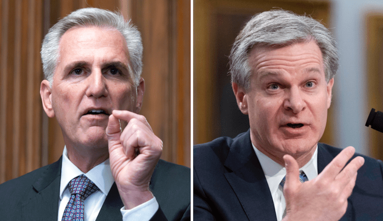 Speaker Kevin McCarthy (R-CA), left, and FBI Director Christopher Wray.